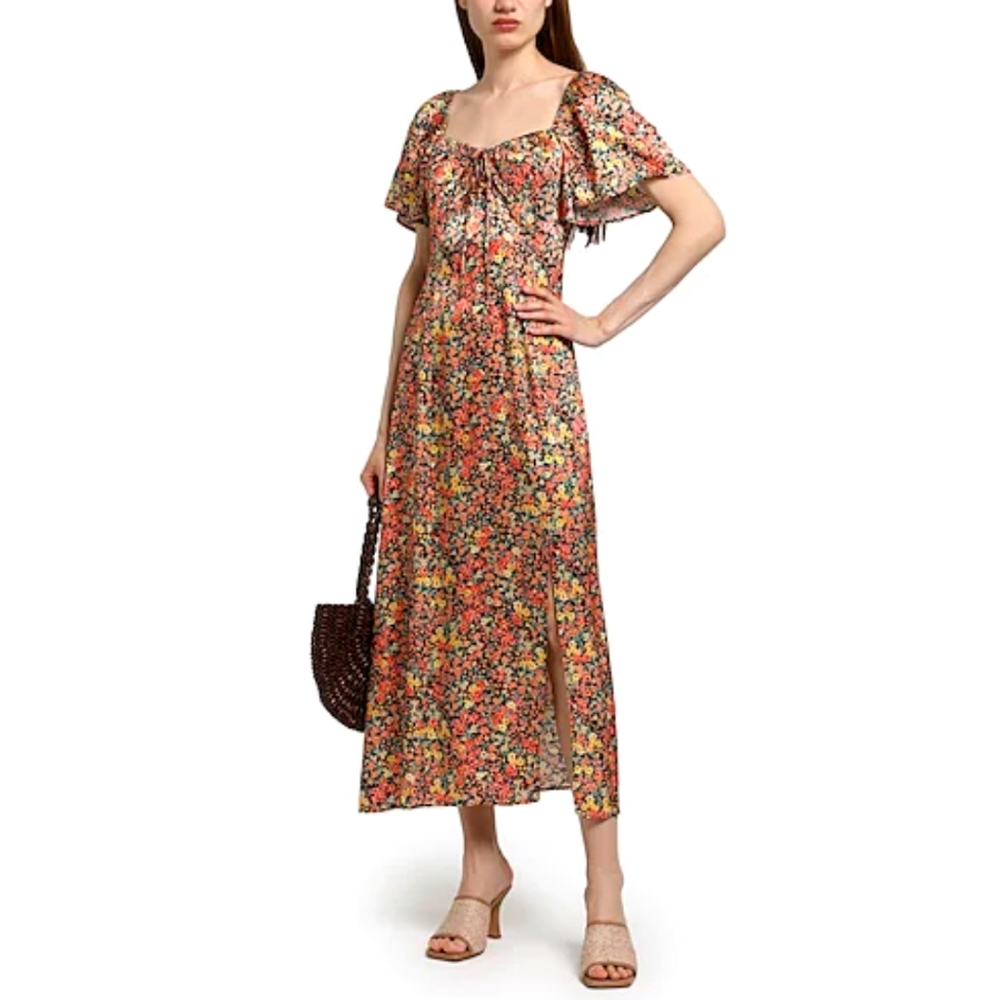 Topshop Satin Floral Midi Dress Gathered Sweetheart Neckline Side Slit- sz 8